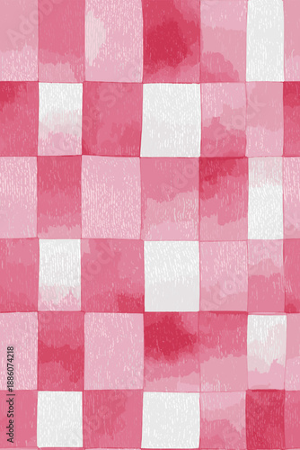 Pink and white watercolor checkered pattern creating a rustic seamless background texture. Pink watercolor gingham check seamless pattern background