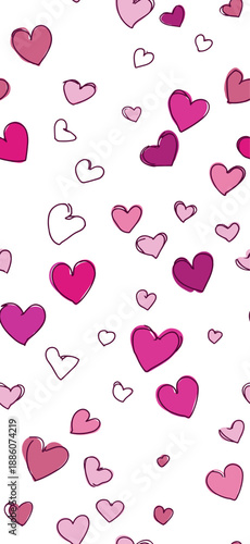 Pink hand-drawn hearts forming a seamless pattern on a white background. Pink heart pattern creating simple love background