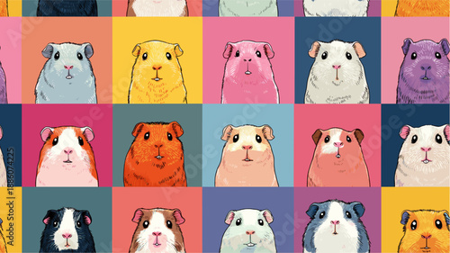 Nine cute guinea pigs in a colorful pop art distinct grid pattern. Pop art guinea pig distinct pet portraits grid