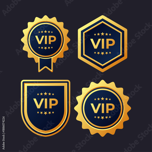 Four gold and blue vip labels with star accents.