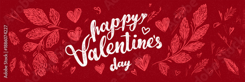 Calligraphy Happy Valentine's Day lettering on a red background with hearts and leaves. Happy Valentine's Day calligraphy lettering on red background