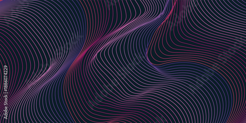 Technology abstract lines on black background. Wavy colorful waves, frequency sound waves. Modern Creative trendy design