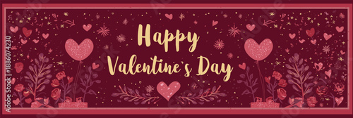 Gold happy Valentine's Day text on a red background with decorative floral elements. Happy Valentine's Day gold glitter greeting with floral ornament