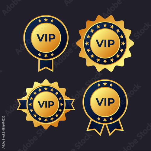 Four golden vip badges with stars on a black background.