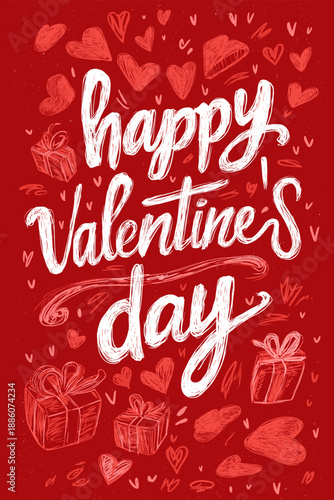 Red background with white handwritten lettering for a romantic celebration of love. Happy Valentine's Day greeting with doodle hearts and gifts