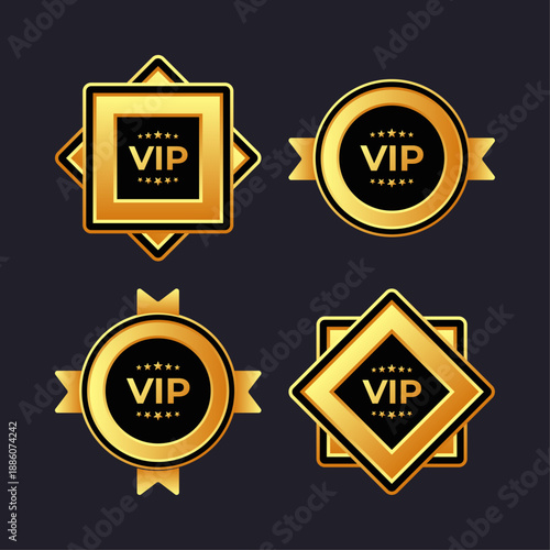 Four golden vip badges with stars on a dark background.