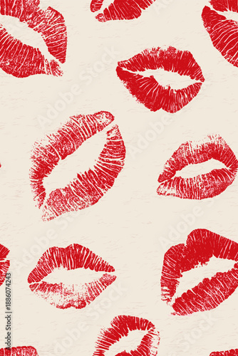 Red lipstick kiss marks covering a cream textured paper surface, creating a playful pattern. Red lipstick kiss marks seamless pattern on textured paper