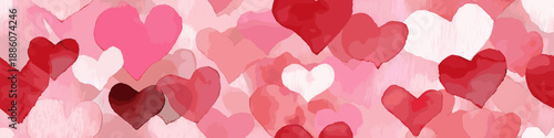 Watercolor hearts creating a seamless pattern in shades of pink and red on a white background. Seamless watercolor heart pattern for Valentine's Day love