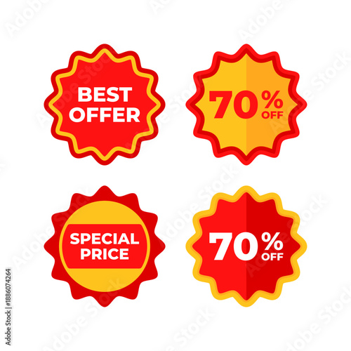 Four promotional sale badges with best offer and 70 off.