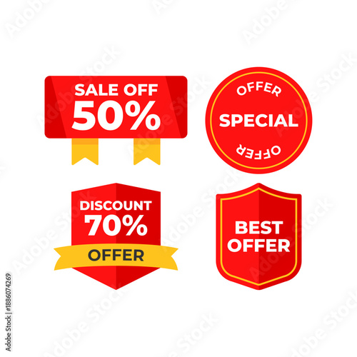 Four red and yellow sale offer and discount signs.