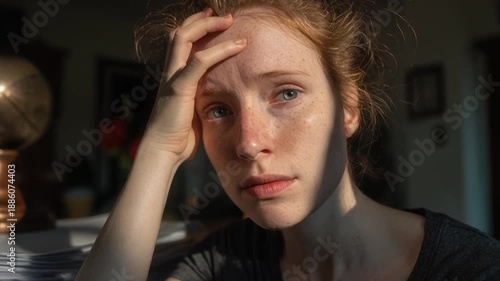 A woman with freckled skin, lit by sunlight, looks toward the camera with a pensive expression