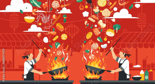 Chefs Cooking Various Dishes in a Bustling Restaurant Kitchen Illustration