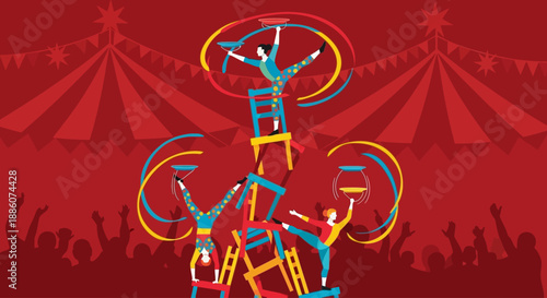 Vibrant circus performers balancing on a tall ladder under a festive tent, showcasing acrobatic skills and teamwork in a thrilling spectacle