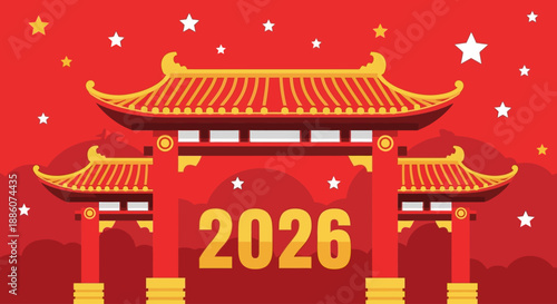 Traditional Chinese Gate Celebrating 2026 New Year with Festive Illustrations and Cultural Heritage