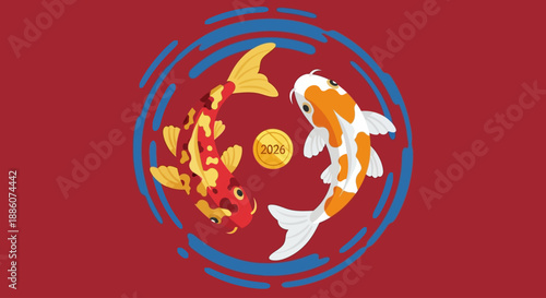 Two koi fish swimming around a golden coin in a circular pattern against a red background