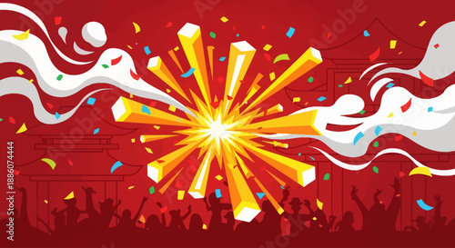 Vibrant celebration scene with fireworks and confetti over a crowd at a festive event viewed from above