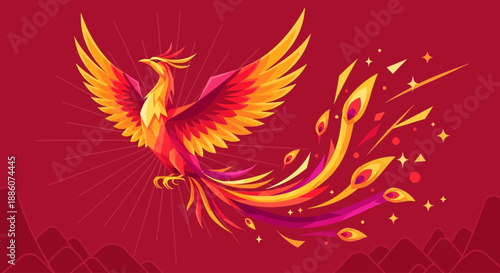Vibrant phoenix rising with fiery wings spread wide, surrounded by flames in a dramatic red landscape illustration