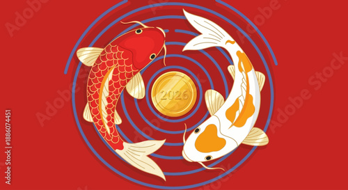 Two koi fish swimming around a gold coin in concentric blue circles on a red background, viewed from above