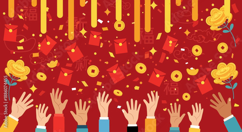 Multiple hands reaching up amidst a scattering of red gift boxes and golden confetti on a festive red background from a low-angle viewpoint