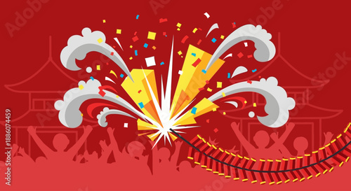 Vibrant celebration illustration with fireworks and confetti over traditional architecture background