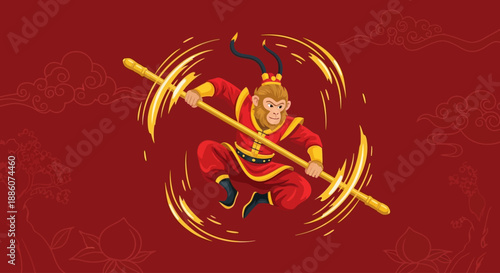 Mythical Monkey King swinging staff energetically in circular motion against red background in illustration style from front viewpoint