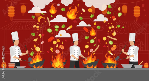 Chefs cooking in a kitchen with ingredients and flames surrounding them from various directions