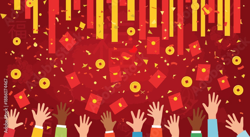 A jubilant crowd celebrates with hands raised amidst falling red envelopes and confetti