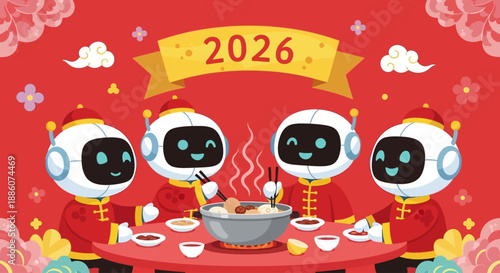 Robots Celebrating Lunar New Year with Traditional Food and Togetherness around a Vibrant Red Table