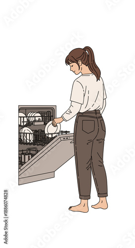 Young woman unloading dishes from dishwasher in modern kitchen  