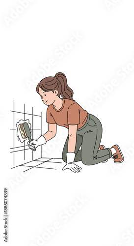 Young woman cleaning tiles on hands and knees in home environment  