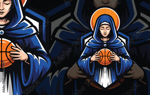 Devout Saint Mary Basketball Team Logo - Spiritual Athletic Mascot Design in Dynamic Blue Hues.