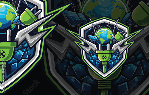 Global Energy Security: Earth, Power Socket, and Shield Logo Concept