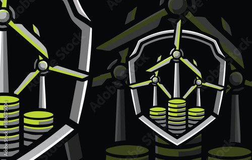 Financial Renewable Energy: Windmills, Coins Stack, and Power Generation Shield