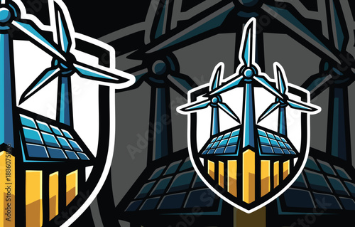 Industrial Eco Shield: Solar Panels and Wind Power Over Factory Silhouette