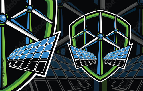 Hybrid Renewable Shield: Wind Turbine and Solar Panels in Abstract Geometric Art