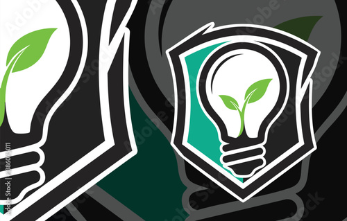 Minimalist Green Energy Idea: Light Bulb with Sprout Inside a Modern Shield