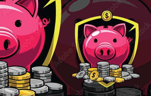Financial Security Emblem: Piggy Bank and Stacks of Coins inside a Protection Shield