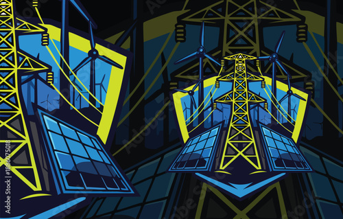 Industrial Energy Future: Solar Panels, Wind Turbines, and Power Lines Infrastructure