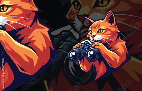 Aggressive Orange Cat Mascot Looking Through Binoculars, Ready for Surveillance and Adventure Branding