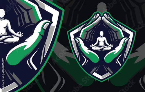Wellness and Protection Logo Design: Hands Guarding a Meditating Figure inside a Geometric Shield Emblem
