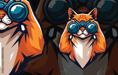 Stylish Feline Character with Large Binoculars, Detailed Mascot Logo for Gaming or Outdoor Exploration Brands
