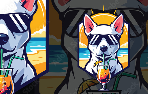 Cool White Dog Mascot Enjoying a Tropical Cocktail on a Sunny Beach Vacation Background Illustration