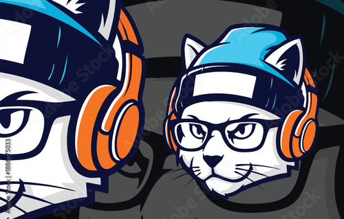 Focused Cat Mascot with Headphones and Glasses, Ideal for Gaming, E-sports, or Educational Branding Vector