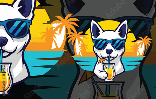 Dynamic Duo: Two White Dogs in Sunglasses Posing Against a Vibrant Tropical Beach Sunset Vector Scene