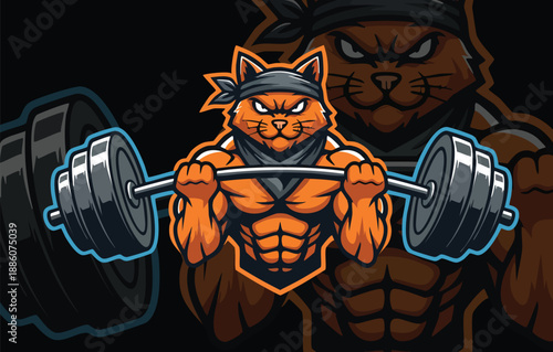 Intense Muscular Cat Bodybuilder Mascot Lifting Heavy Weights, Powerful Fitness and Gym Vector Logo Design