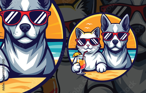Stylish Dog Duo Mascots in Sunglasses, Relaxing Together with a Bright, Minimalist Outdoor Setting Graphic