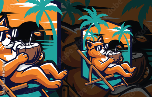 Relaxed Orange Cat Mascot Chilling on a Tropical Beach, Drinking Refreshment from a Coconut in Summer Time