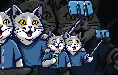 Happy Cat Family or Friends Taking a Group Selfie Together, Modern Social Media and Fun Vector Graphic Design