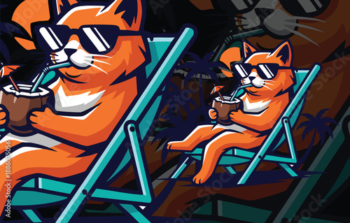 Orange Cat Mascot Relaxing on a Deck Chair Sipping Coconut Drink, Perfect Tropical Summer Vacation Vibe