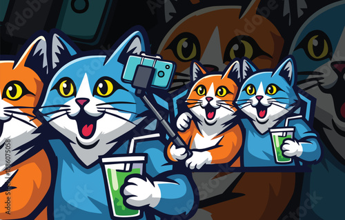 Colorful Cat Crew Taking a Vibrant Selfie, Expressing Friendship and Modern Social Media Trends Vector Art